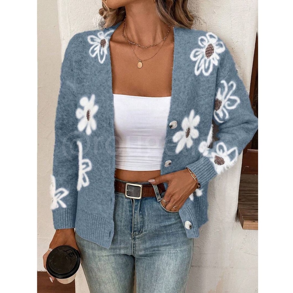 Blue Cardigan Knit Flower Textured Button Front Stretchy, Soft - Picture 3 of 9